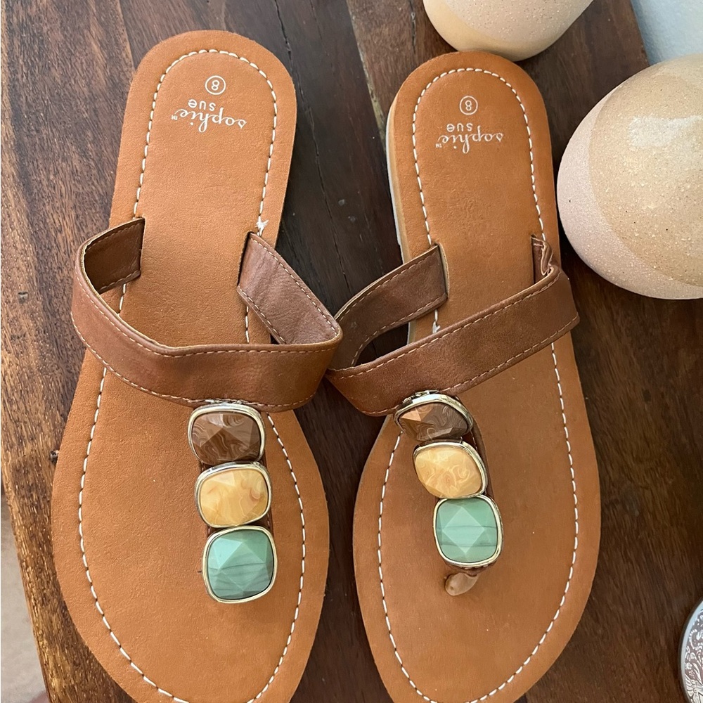 Sophie Sue sandals, Size 8, Tan with Brown, Yellow, Blue Stone